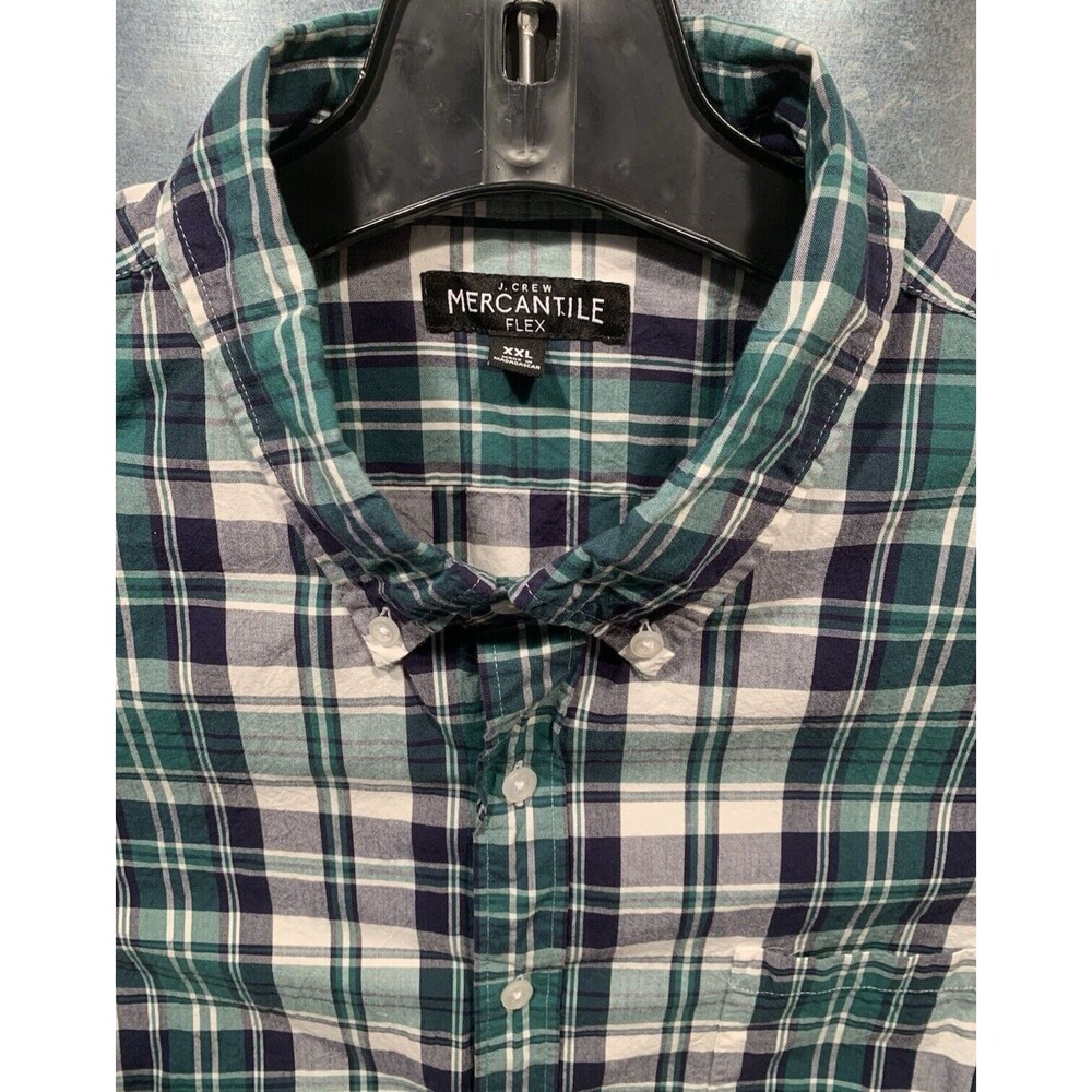 J. Crew Button Down Mercantile Flex 100% Cotton Green Navy White Plaid XXL
